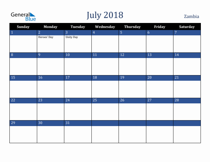 July 2018 Zambia Calendar (Sunday Start)