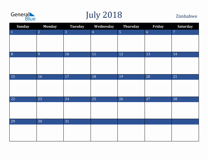 July 2018 Zimbabwe Calendar (Sunday Start)