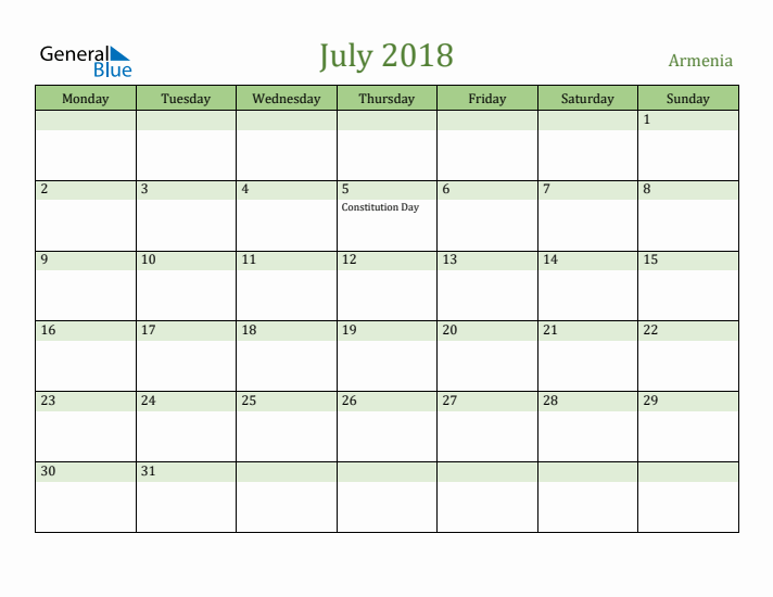 July 2018 Calendar with Armenia Holidays