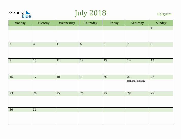 July 2018 Calendar with Belgium Holidays