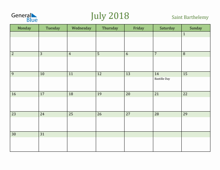 July 2018 Calendar with Saint Barthelemy Holidays