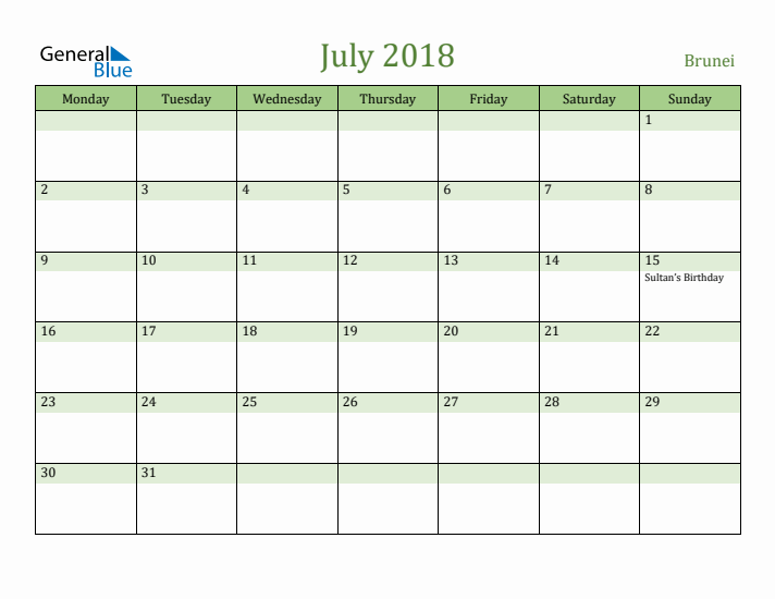 July 2018 Calendar with Brunei Holidays