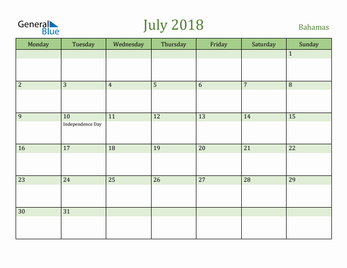 July 2018 Calendar with Bahamas Holidays