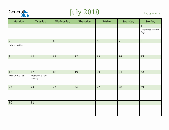 July 2018 Calendar with Botswana Holidays