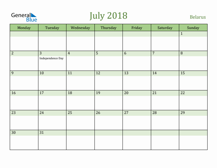 July 2018 Calendar with Belarus Holidays