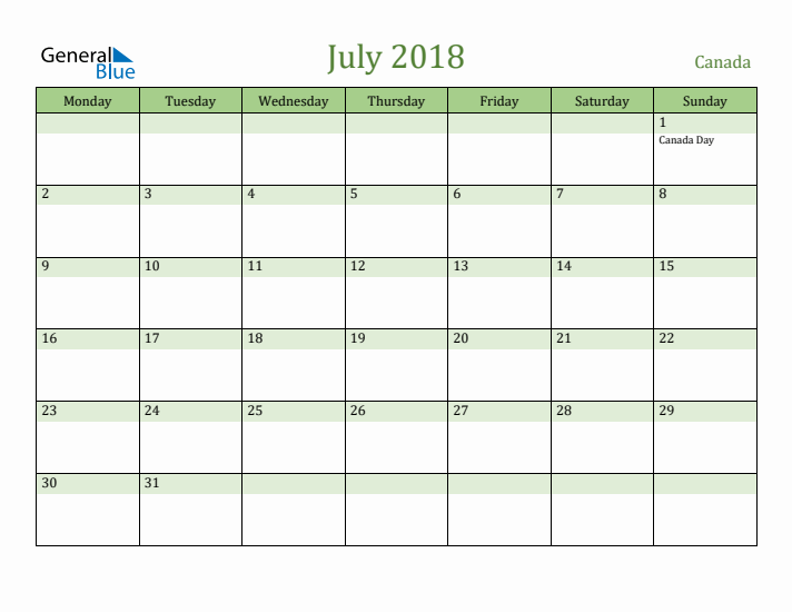 July 2018 Calendar with Canada Holidays