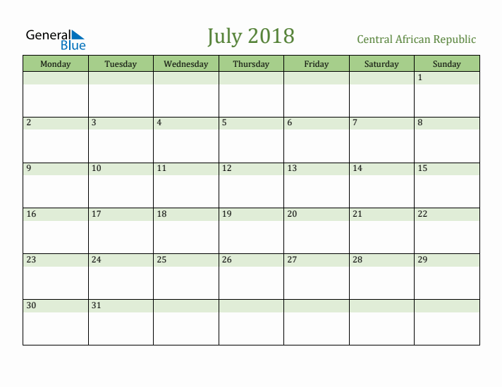 July 2018 Calendar with Central African Republic Holidays