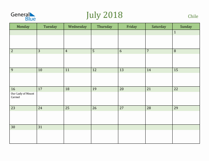 July 2018 Calendar with Chile Holidays