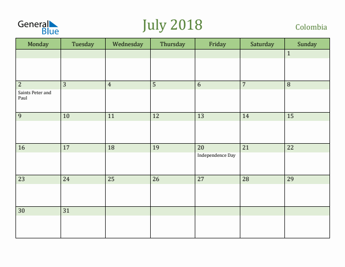 July 2018 Calendar with Colombia Holidays