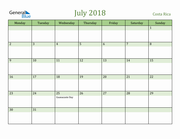 July 2018 Calendar with Costa Rica Holidays