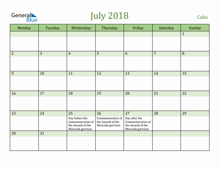 July 2018 Calendar with Cuba Holidays