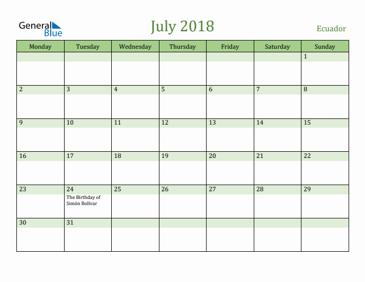 July 2018 Calendar with Ecuador Holidays