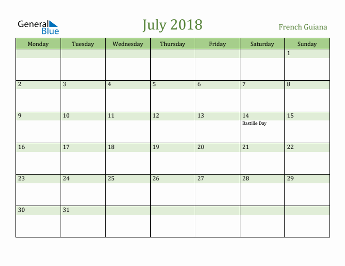 July 2018 Calendar with French Guiana Holidays