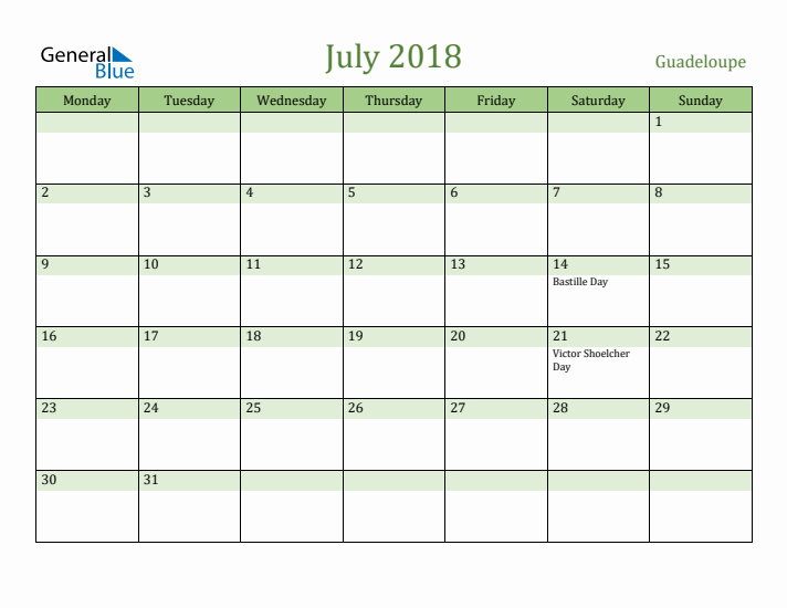 July 2018 Calendar with Guadeloupe Holidays