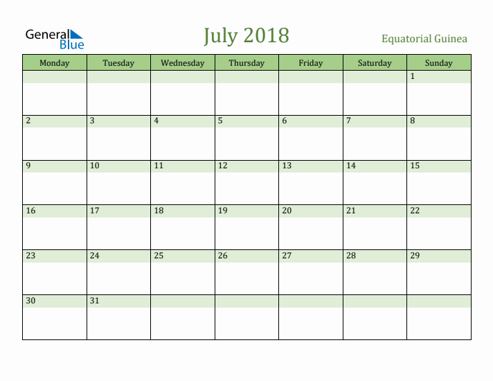 July 2018 Calendar with Equatorial Guinea Holidays