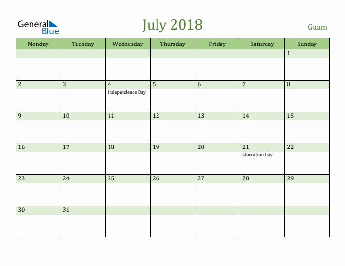 July 2018 Calendar with Guam Holidays