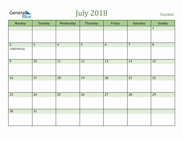 July 2018 Calendar with Guyana Holidays