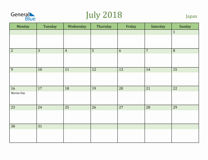 July 2018 Calendar with Japan Holidays