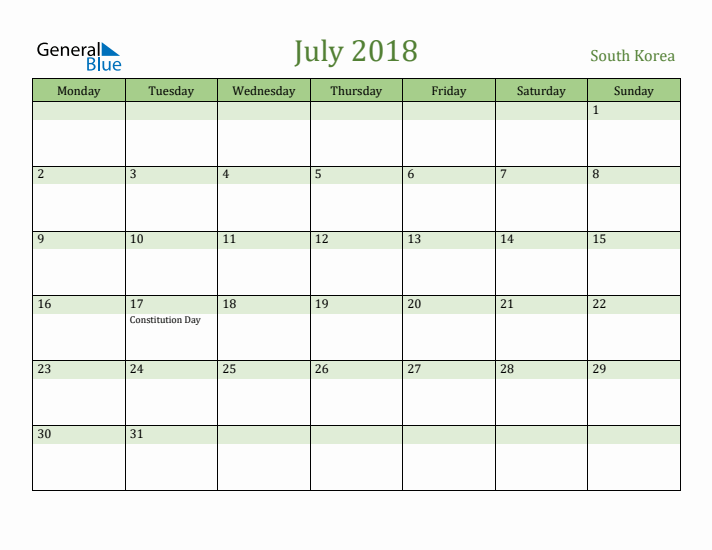 July 2018 Calendar with South Korea Holidays