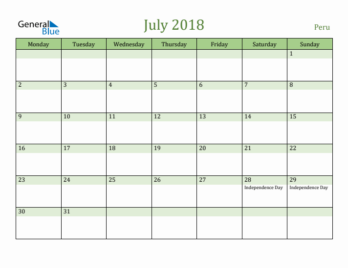 July 2018 Calendar with Peru Holidays