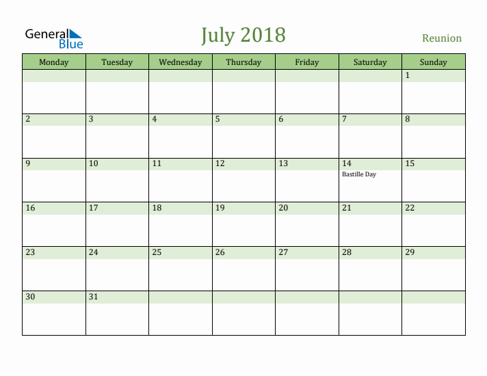 July 2018 Calendar with Reunion Holidays