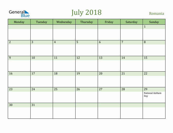 July 2018 Calendar with Romania Holidays