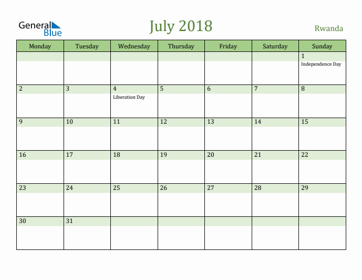 July 2018 Calendar with Rwanda Holidays