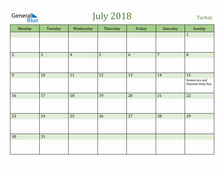 July 2018 Calendar with Turkey Holidays