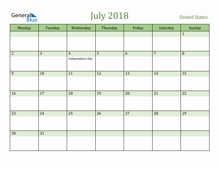 July 2018 Calendar with United States Holidays
