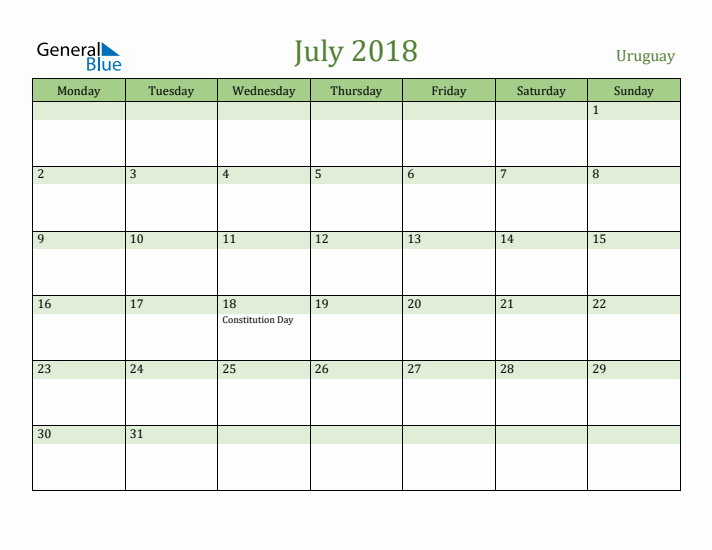 July 2018 Calendar with Uruguay Holidays