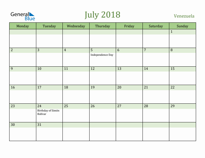 July 2018 Calendar with Venezuela Holidays