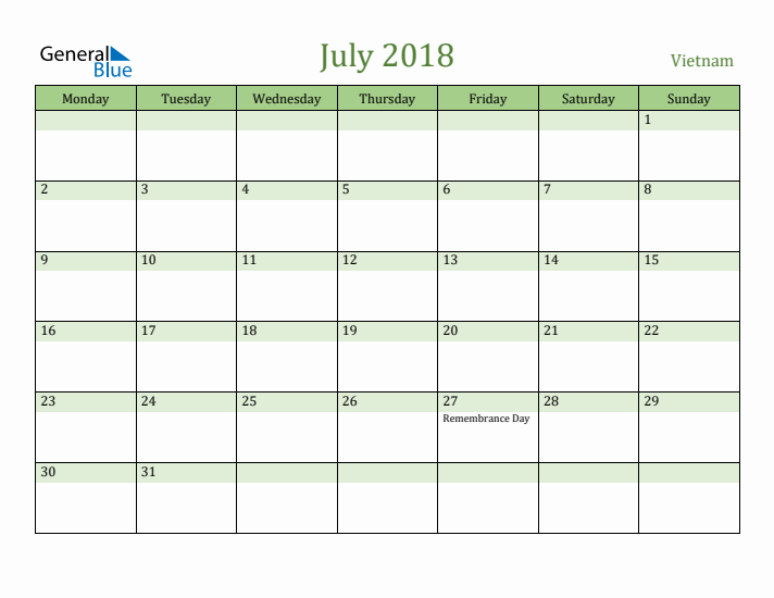 July 2018 Calendar with Vietnam Holidays