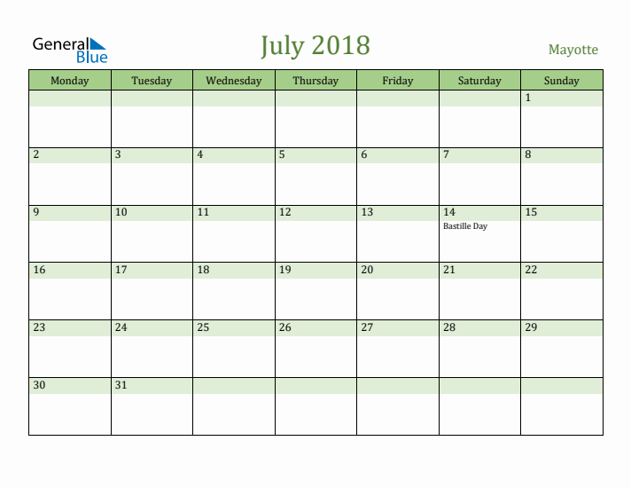 July 2018 Calendar with Mayotte Holidays