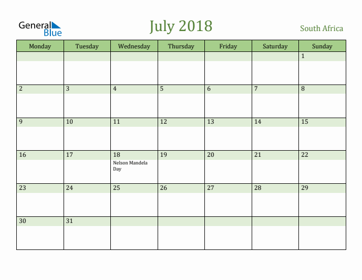 July 2018 Calendar with South Africa Holidays