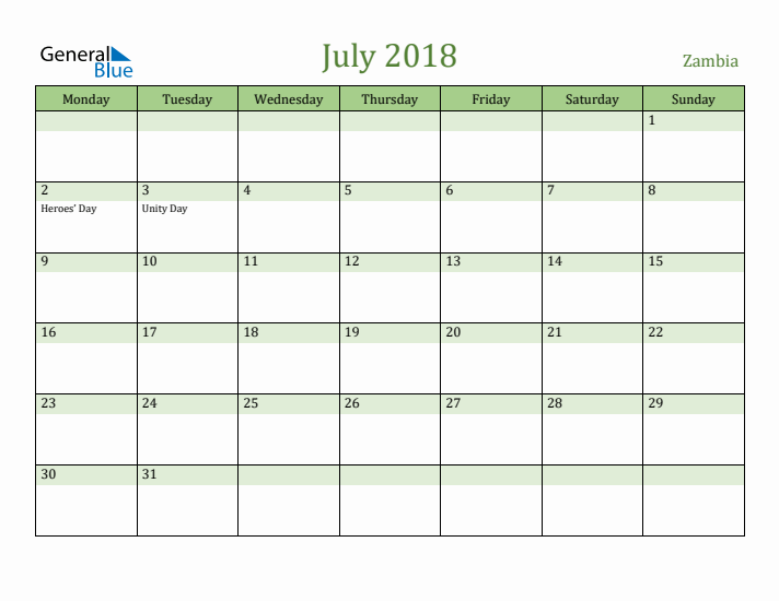 July 2018 Calendar with Zambia Holidays
