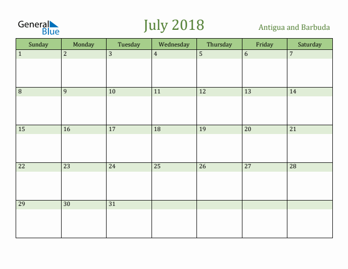 July 2018 Calendar with Antigua and Barbuda Holidays