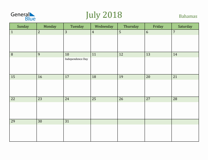 July 2018 Calendar with Bahamas Holidays