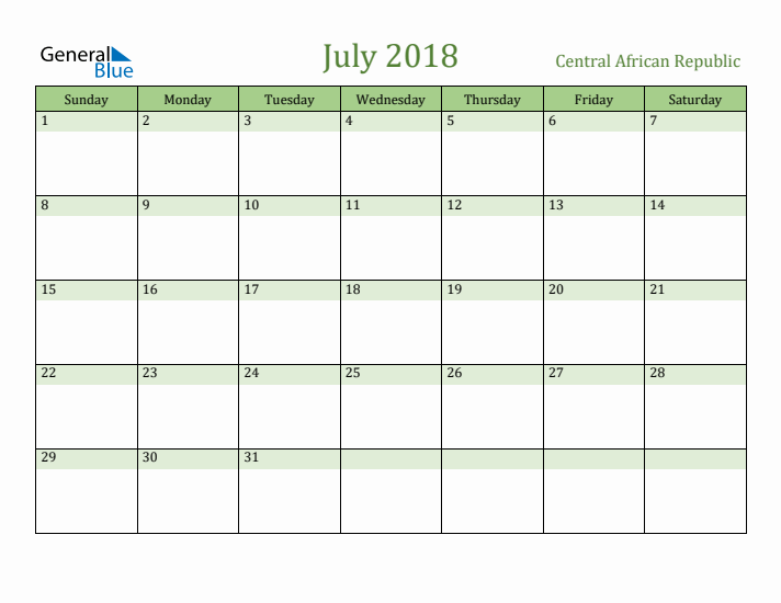 July 2018 Calendar with Central African Republic Holidays