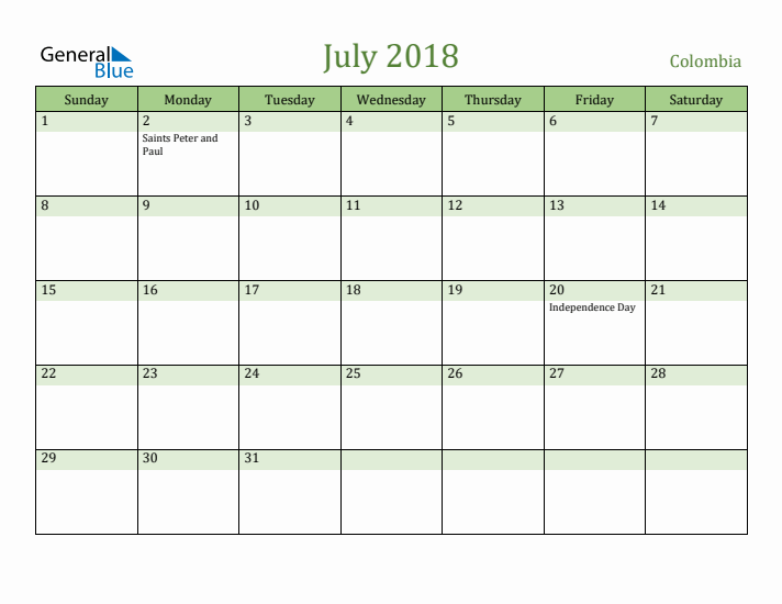 July 2018 Calendar with Colombia Holidays