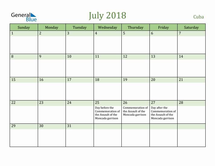 July 2018 Calendar with Cuba Holidays