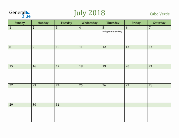 July 2018 Calendar with Cabo Verde Holidays