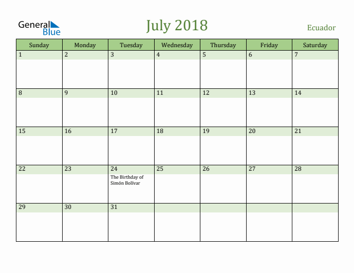 July 2018 Calendar with Ecuador Holidays