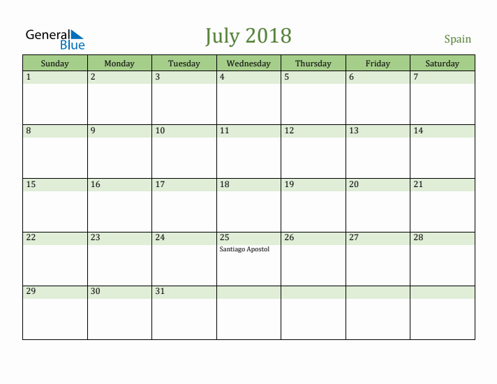 July 2018 Calendar with Spain Holidays