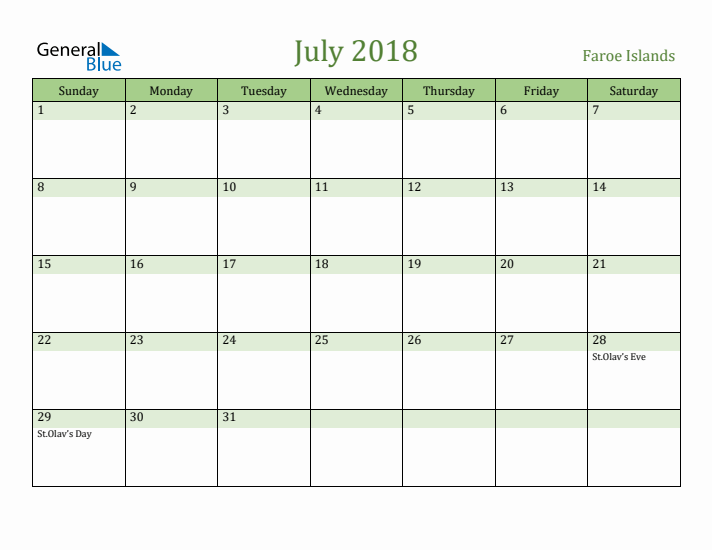 July 2018 Calendar with Faroe Islands Holidays