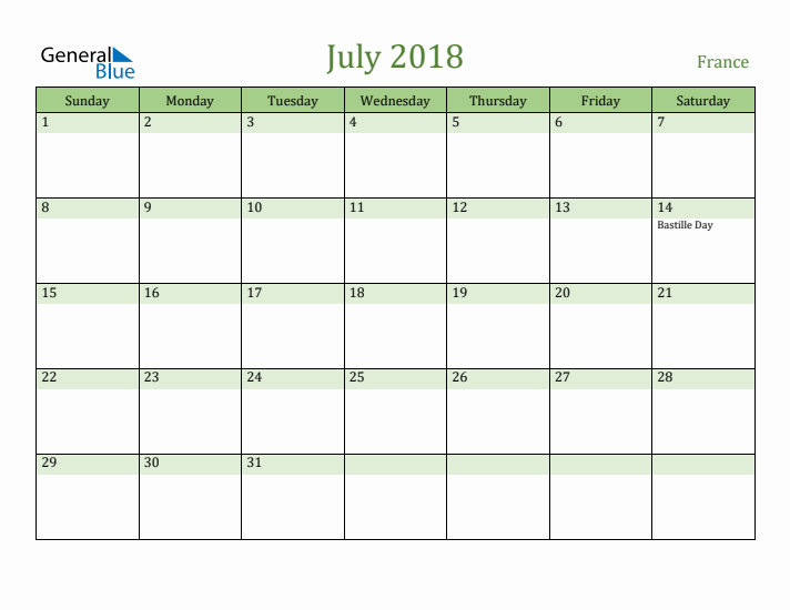 July 2018 Calendar with France Holidays