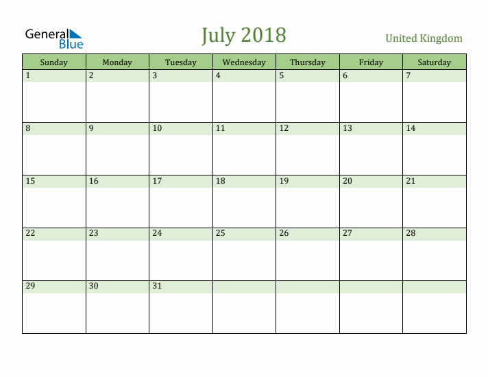 July 2018 Calendar with United Kingdom Holidays