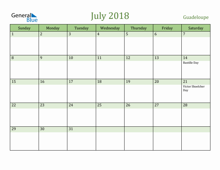 July 2018 Calendar with Guadeloupe Holidays