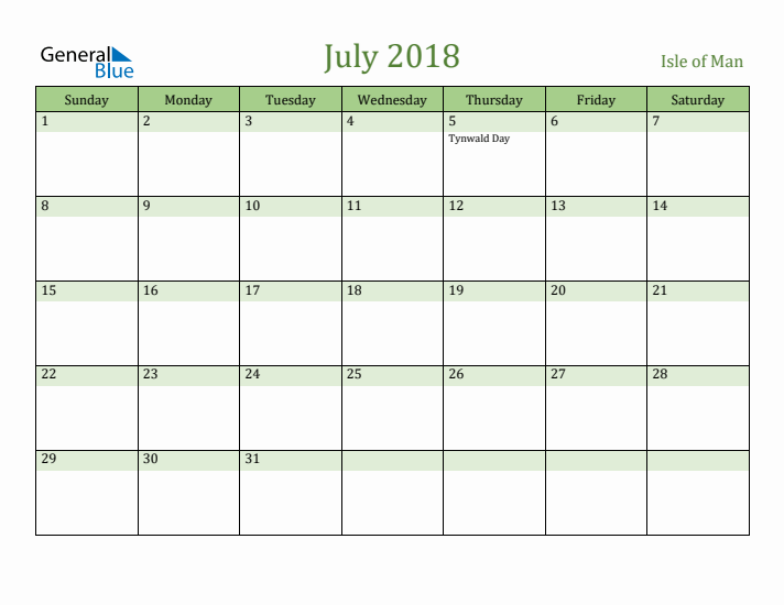 July 2018 Calendar with Isle of Man Holidays