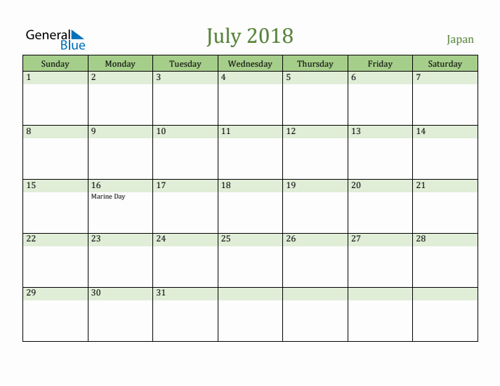 July 2018 Calendar with Japan Holidays