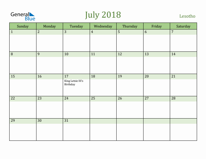 July 2018 Calendar with Lesotho Holidays